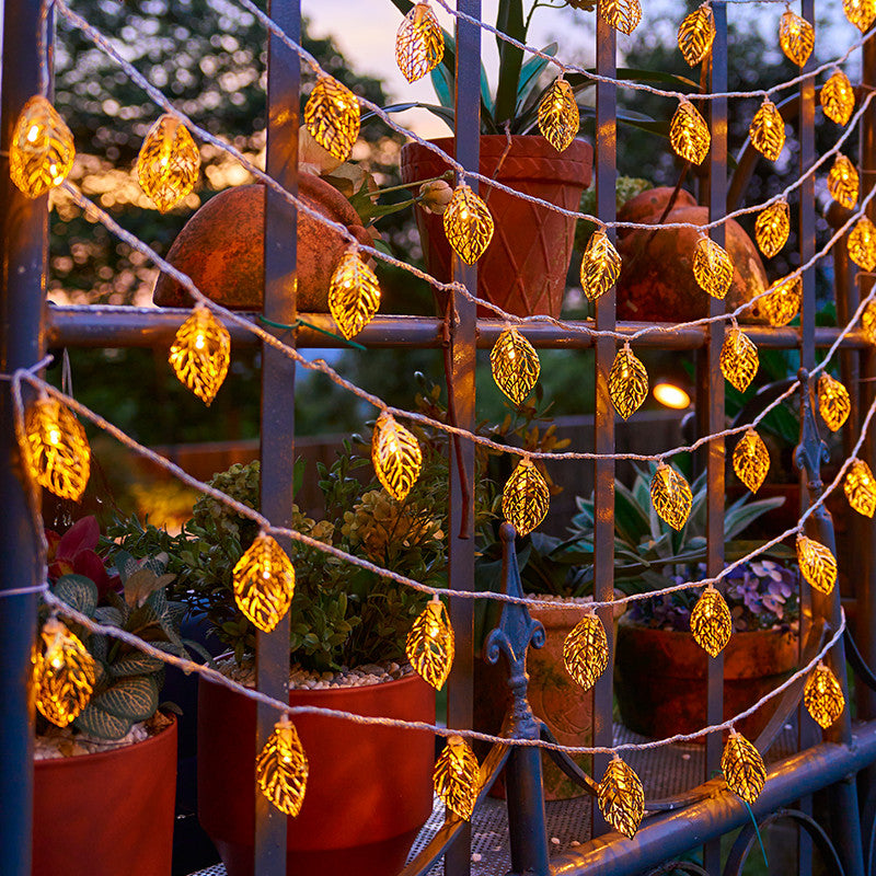Gold Hollow Leaf LED String Lights / Gilded Leaves / 2m 10 lamp battery model