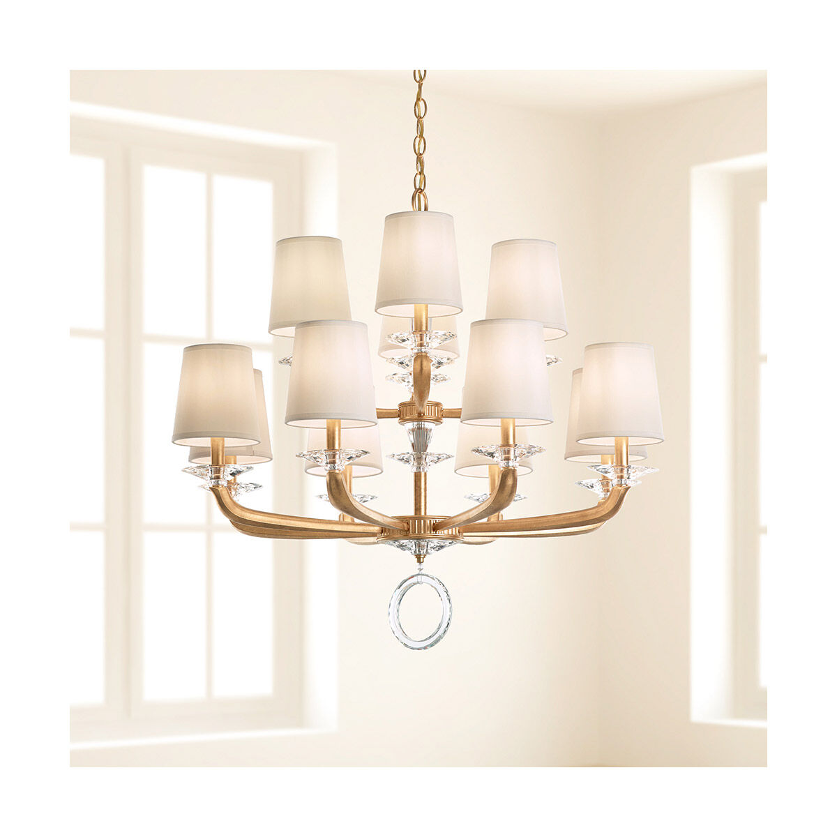 White Optic Crystal Cast-Arm Chandelier / Heirloom Bronze