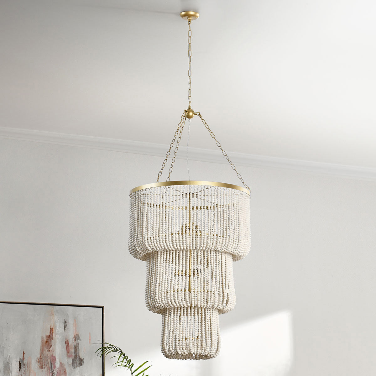 White Wood Beaded Round Chandelier
