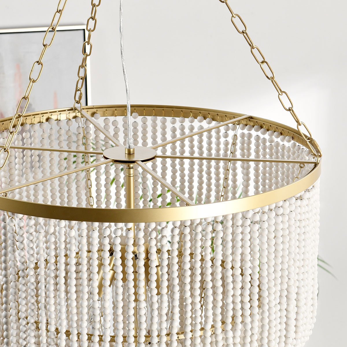 White Wood Beaded Round Chandelier