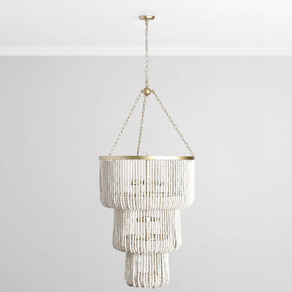 White Wood Beaded Round Chandelier